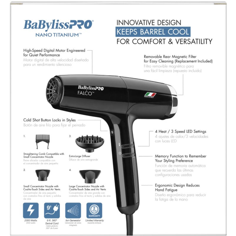 BaByliss Pro Nano Titanium FALCO Professional Italian High-Speed Dryer - Black #BNT8550B