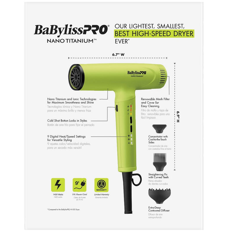 BaByliss Pro LIMITED EDITION Nano Titanium Professional Nano Light Ionic High-Speed Dryer - Neon Yellow #BNTC9200NY