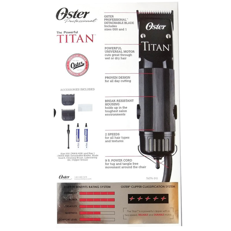 Oster Titan 2 Speed Universal Motor Clipper with Coated Detachable #000 & #1 Blades #76076-310
