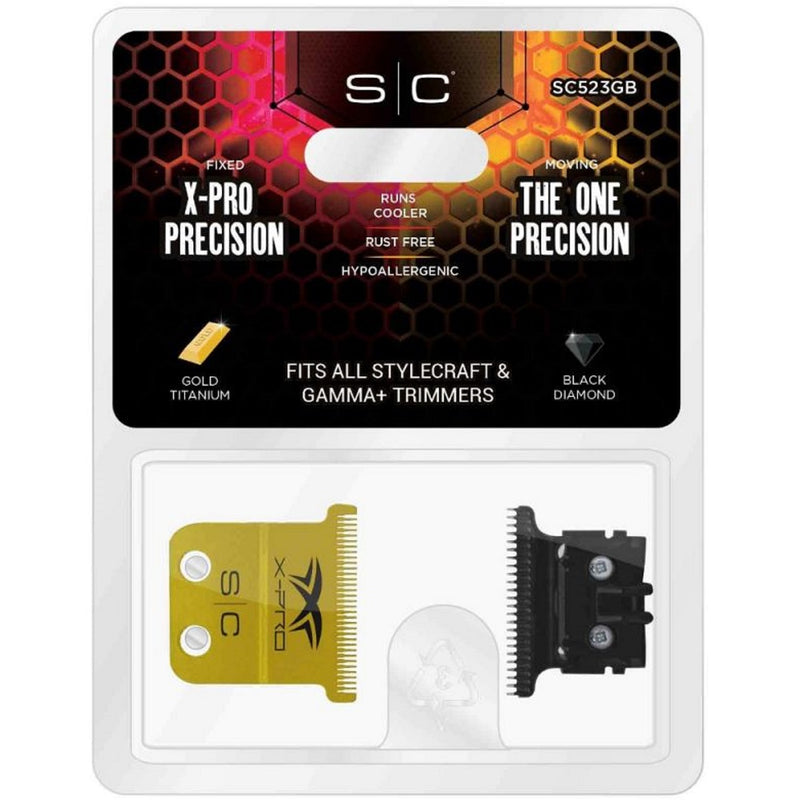 Stylecraft Replacement Fixed X-Pro Precision Gold Titanium Trimmer Blade with Black Diamond Carbon DLC THE ONE Precision Deep Tooth Cutter Set #SC523GB