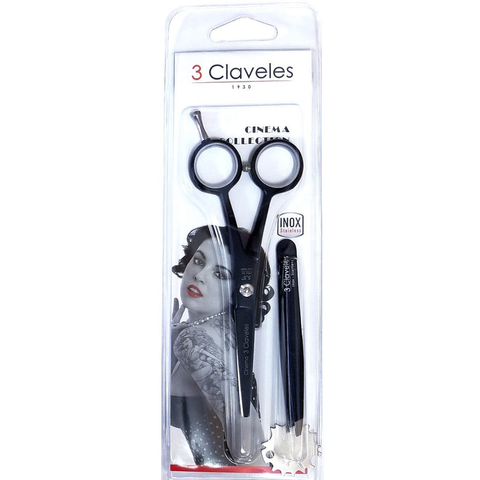 3 Claveles Cinema Hairdressing Scissors + Claw Tweezer 5.5" - Black #19132