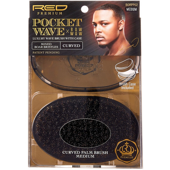 Red Premium Bow Wow X Pocket Wave Mixed Boar Brush with Case Medium Bristles #BR32