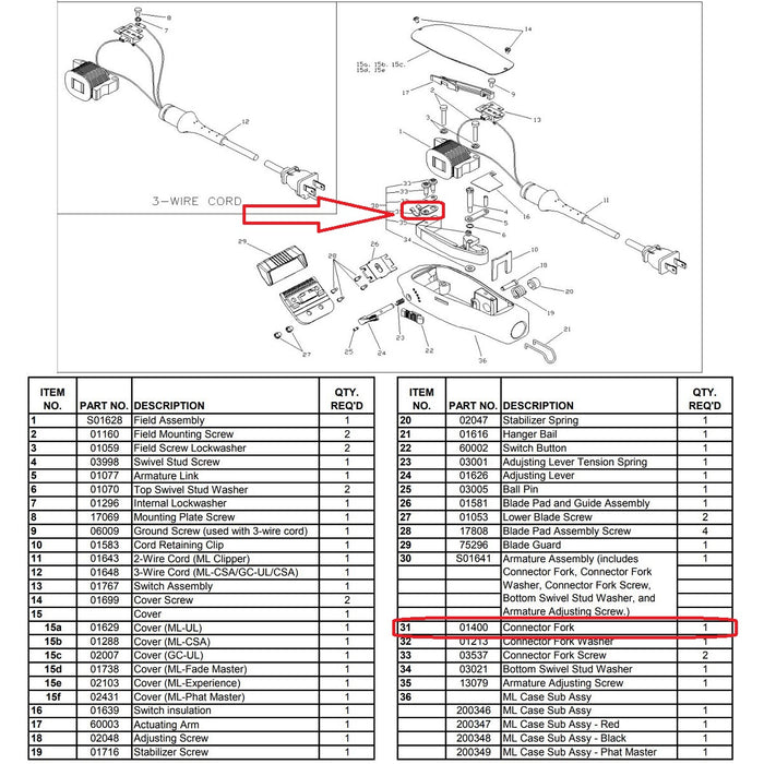 Andis Part Replacement Connector Fork Fits Master Clipper #01400
