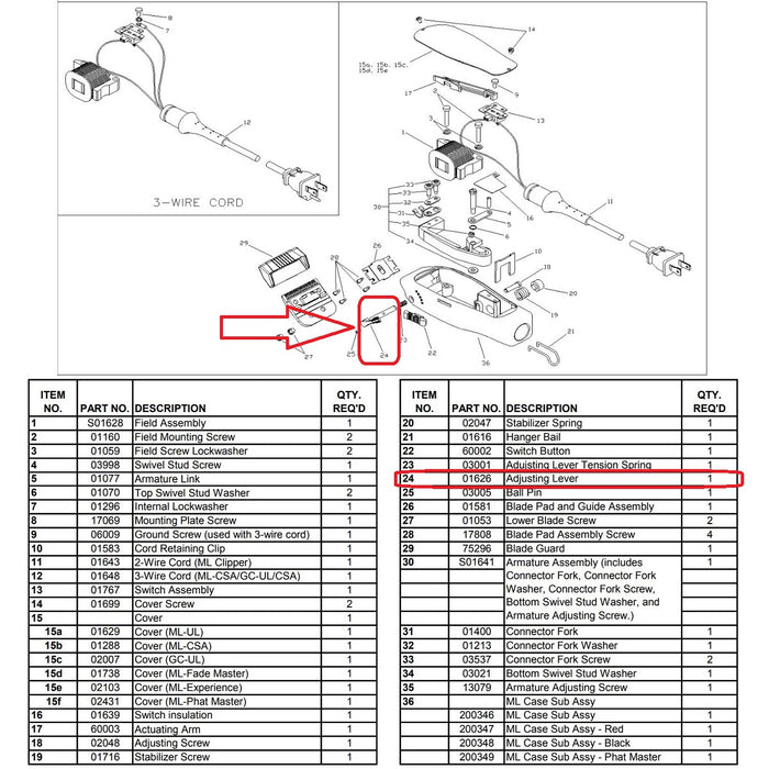 Andis Part Replacement Adjusting Lever Fits Master Clipper #01626