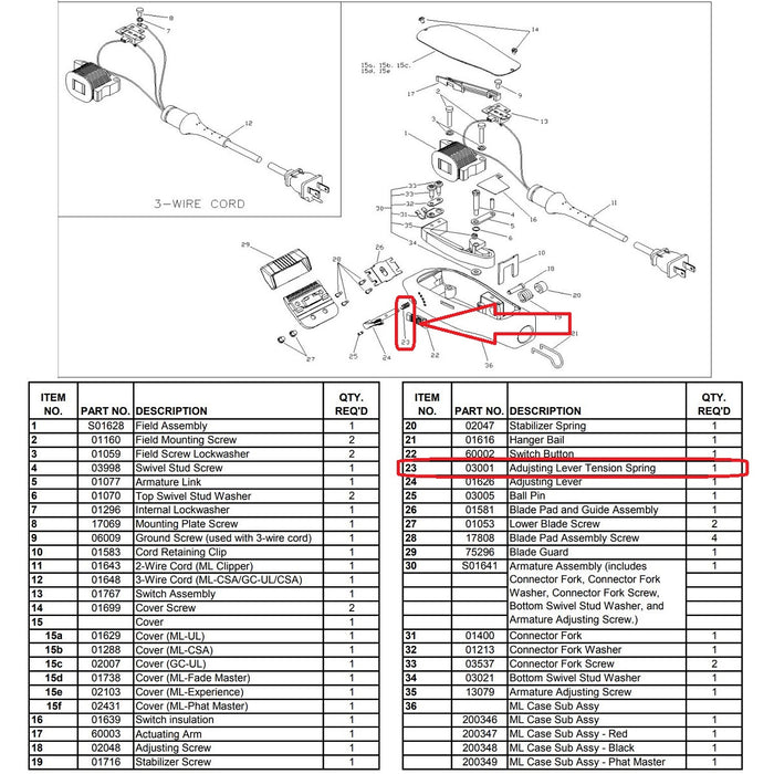 Andis Part Replacement Adjusting Lever Tension Spring Fits Master Clipper #03001