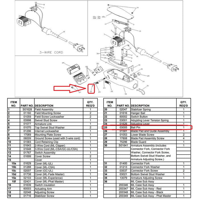 Andis Part Replacement Ball Pin Fits Master Clipper #03005