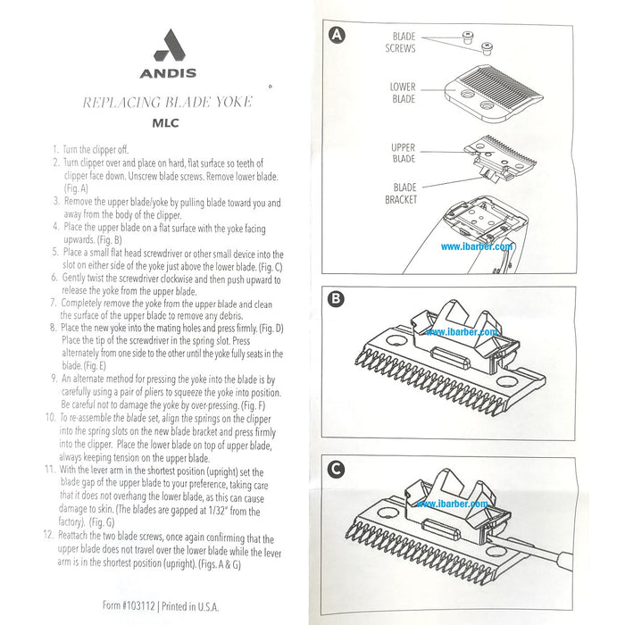 Andis Part Replacement Blade Yoke Fits MLC Cordless Master #202979