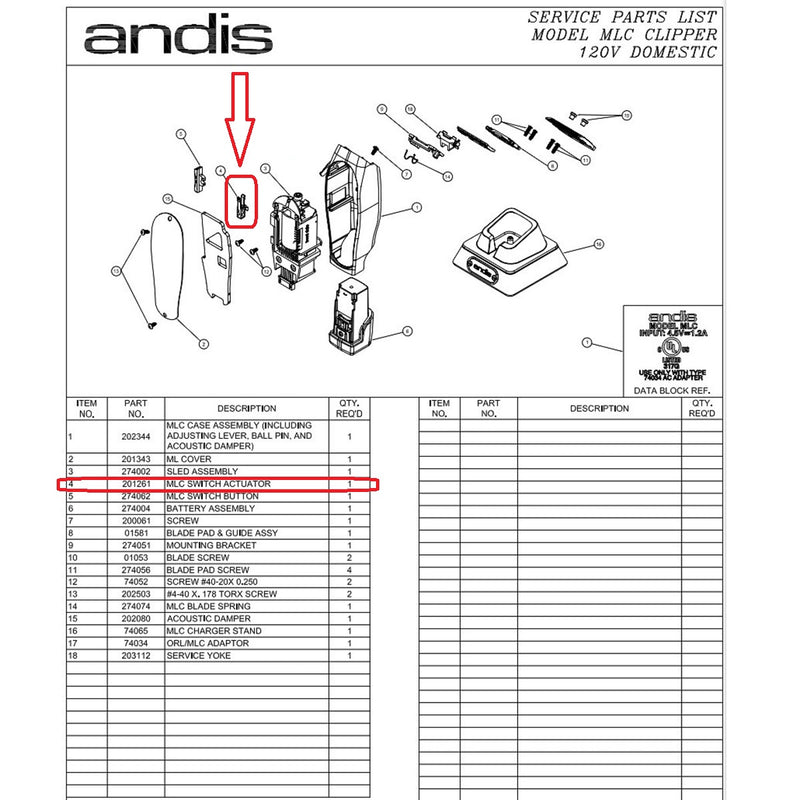 Andis Part Replacement Switch Actuator Fits MLC Cordless Master #201261