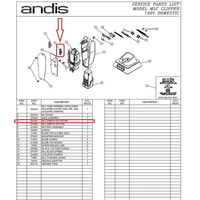 Andis Part Replacement Switch Actuator Fits MLC Cordless Master #201261