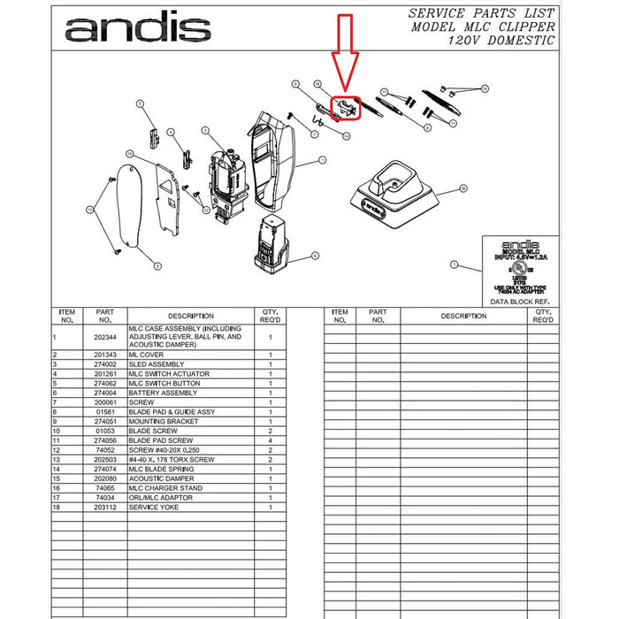 Andis Part Replacement Blade Yoke Fits MLC Cordless Master #202979