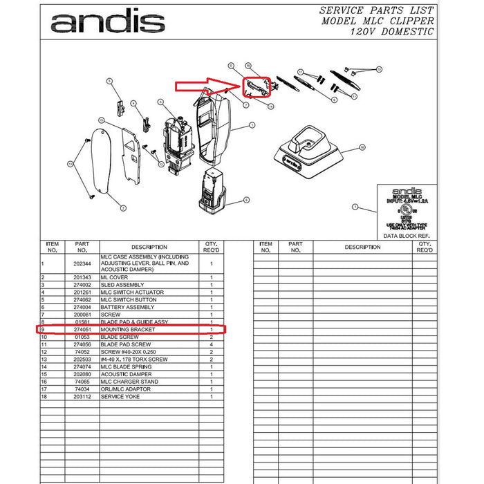 Andis Part Replacement Mounting Bracket Fits MLC Cordless Master #274051