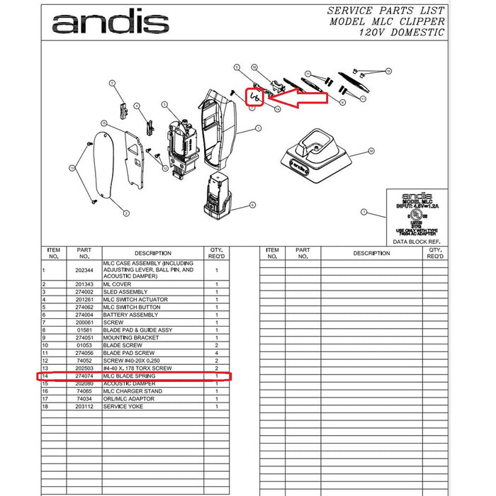 Andis Part Replacement Blade Spring Fits MLC Cordless Master #274074