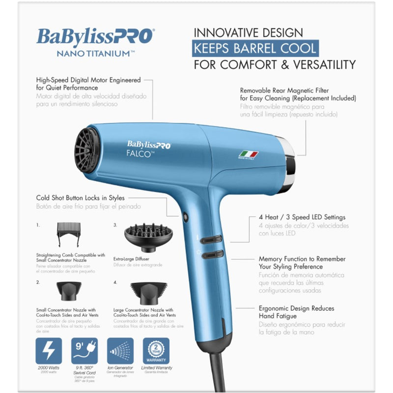 BaByliss Pro Nano Titanium FALCO Professional Italian High-Speed Dryer - Blue #BNT8550