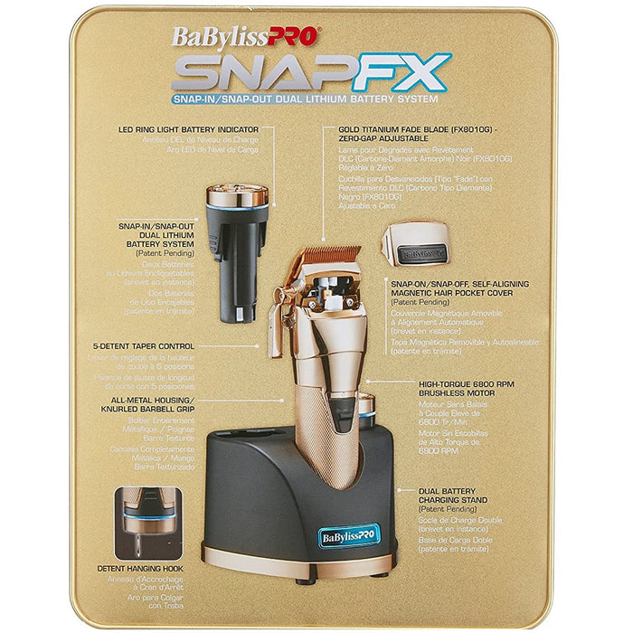 BaByliss Pro Limited Edition GOLD SNAPFX Clipper With Snap In/Out Dual Lithium Battery System #FX890GI