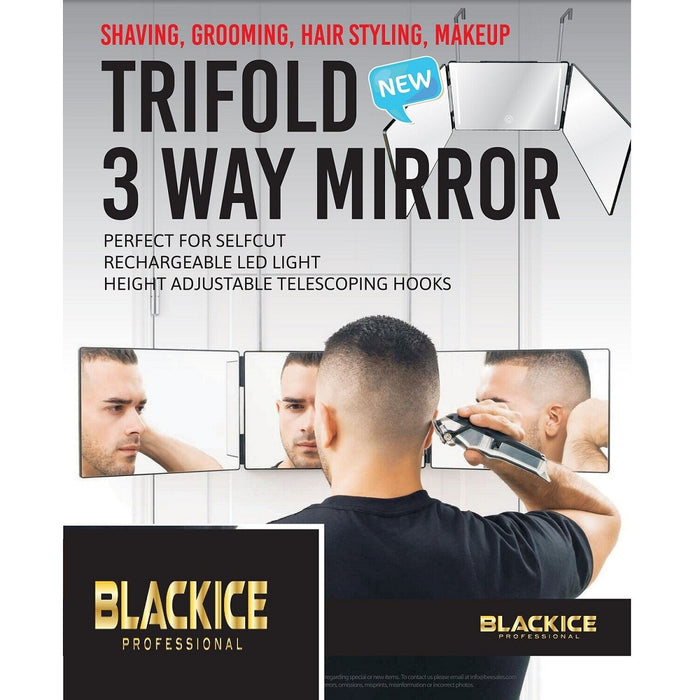 Black Ice Trifold 3 Way Mirror with Rechargeable LED Light #BIC039