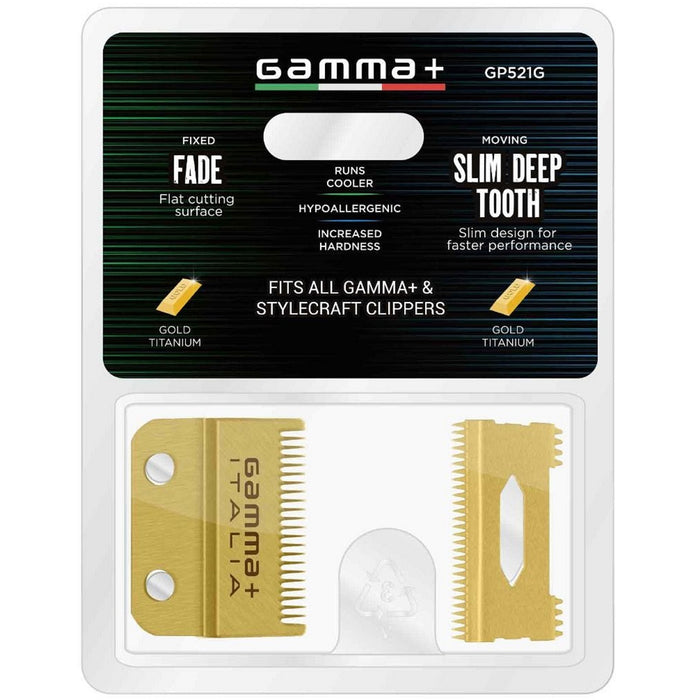 Gamma+ Replacement Fixed Gold Titanium Fade Hair Clipper Blade with Moving Gold Titanium Slim Tooth Cutter Set #GP521G