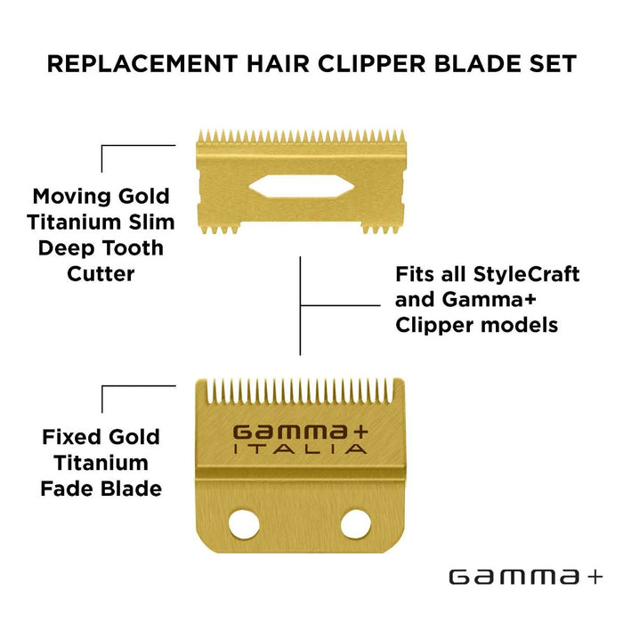 Gamma+ Replacement Fixed Gold Titanium Fade Hair Clipper Blade with Moving Gold Titanium Slim Tooth Cutter Set #GP521G