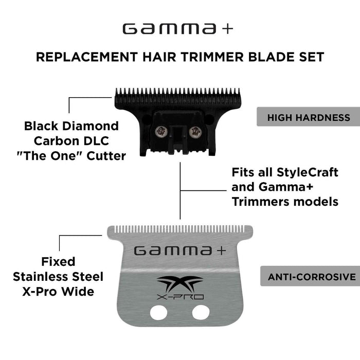 Gamma+ X-Pro Wide Stainless Steel with Black Diamond Carbon DLC The One Cutting Trimmer Blade Set #GP528SB