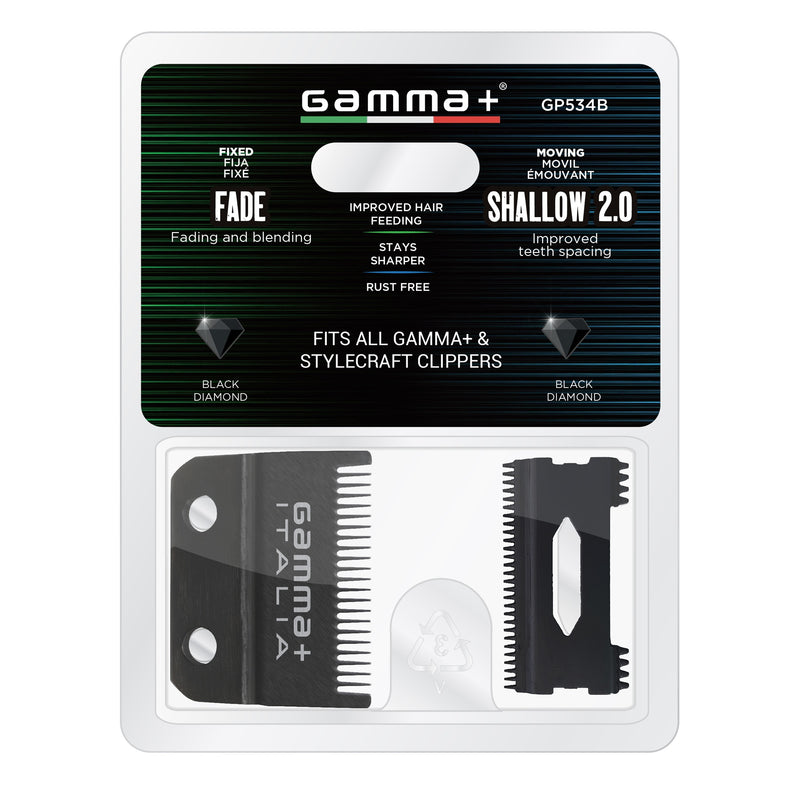 Gamma+ Replacement Double Black Diamond Carbon DLC Fixed Fade Hair Clipper Blade with Shallow Tooth 2.0 Cutter Set #GP534B