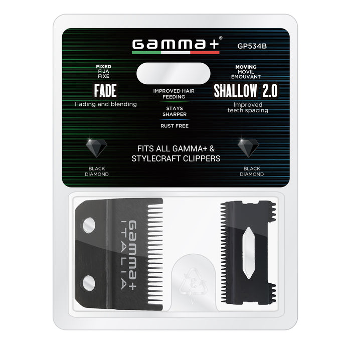 Gamma+ Replacement Double Black Diamond Carbon DLC Fixed Fade Hair Clipper Blade with Shallow Tooth 2.0 Cutter Set #GP534B