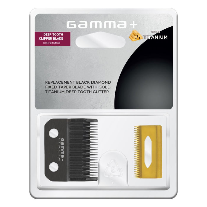 Gamma+ Replacement Fixed Black Diamond Carbon DLC Taper Hair Clipper Blade with Moving Gold Titanium Deep Tooth Cutter Set #GPCRBTS