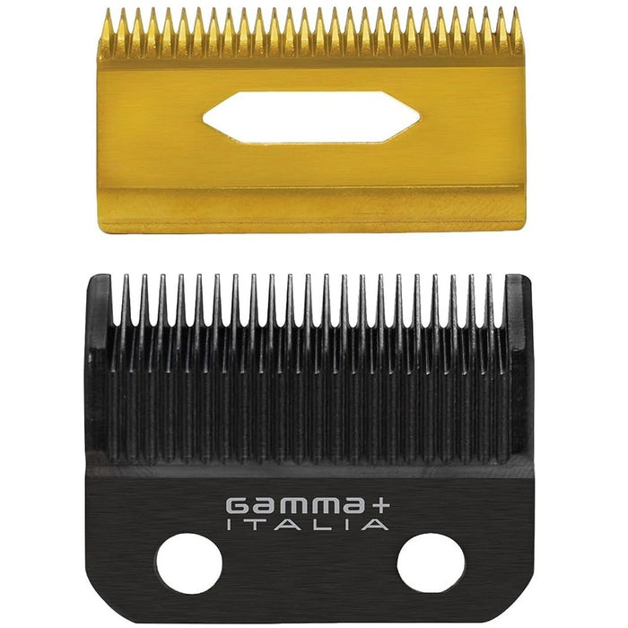 Gamma+ Replacement Fixed Black Diamond Carbon DLC Taper Hair Clipper Blade with Moving Gold Titanium Deep Tooth Cutter Set #GPCRBTS