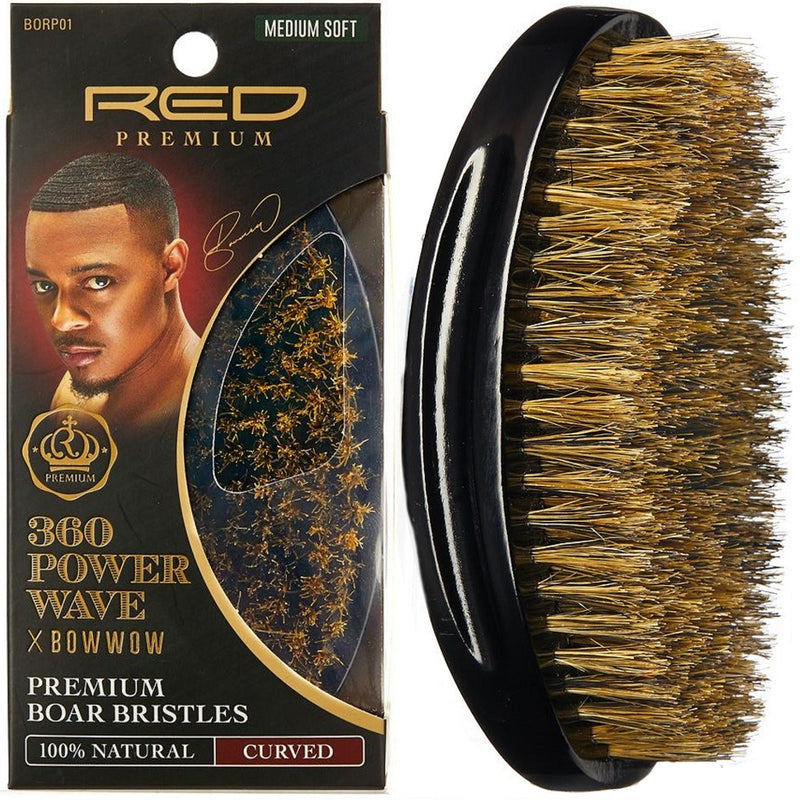 Red Premium Bow Wow X 360 Power Wave Boar Palm Brush Medium Soft Bristles #BR14