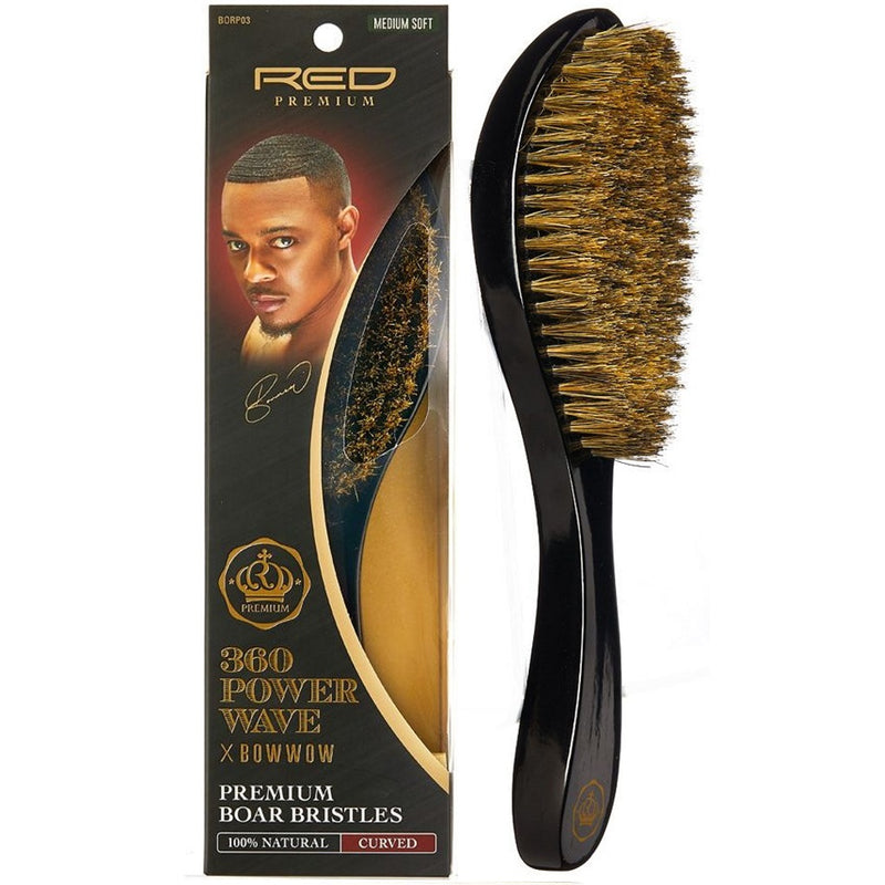 Red Premium Bow Wow X 360 Power Wave Boar Wave Brush Medium Soft Bristles #BR16