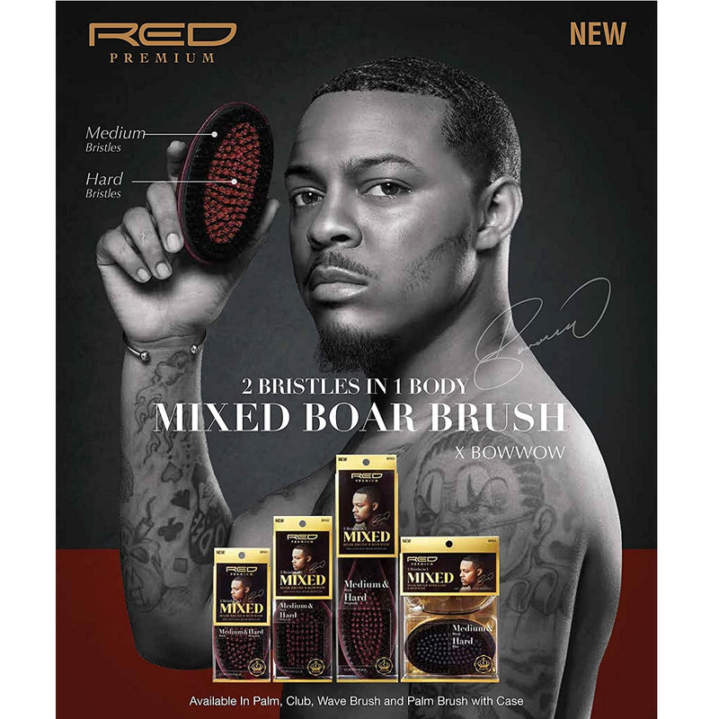 Red Premium Mixed Boar Palm Brush with Case Medium & Hard Bristles [Medium and Hard 2-IN-1] #BR04
