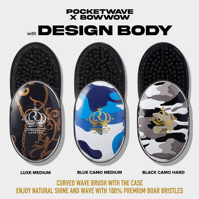 Red Premium Bow Wow X Pocket Wave Boar Brush with Case Medium Bristles [Luxe Pattern] #BR05