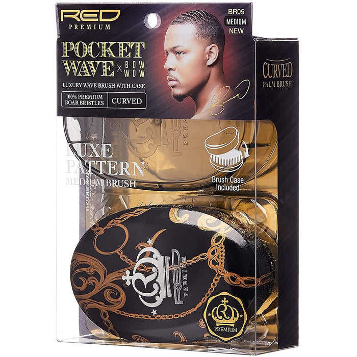 Red Premium Bow Wow X Pocket Wave Boar Brush with Case Medium Bristles [Luxe Pattern] #BR05