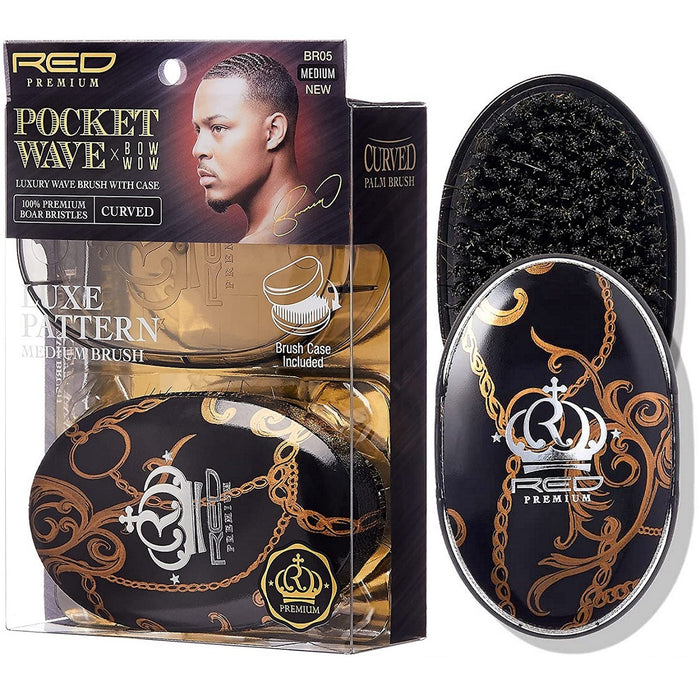 Red Premium Bow Wow X Pocket Wave Boar Brush with Case Medium Bristles [Luxe Pattern] #BR05