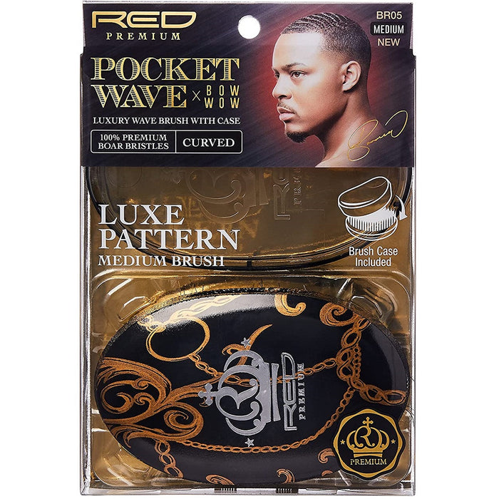 Red Premium Bow Wow X Pocket Wave Boar Brush with Case Medium Bristles [Luxe Pattern] #BR05