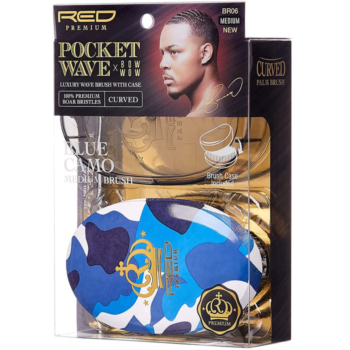 Red Premium Bow Wow X Pocket Wave Boar Brush with Case Medium Bristles [Blue Camo] #BR06