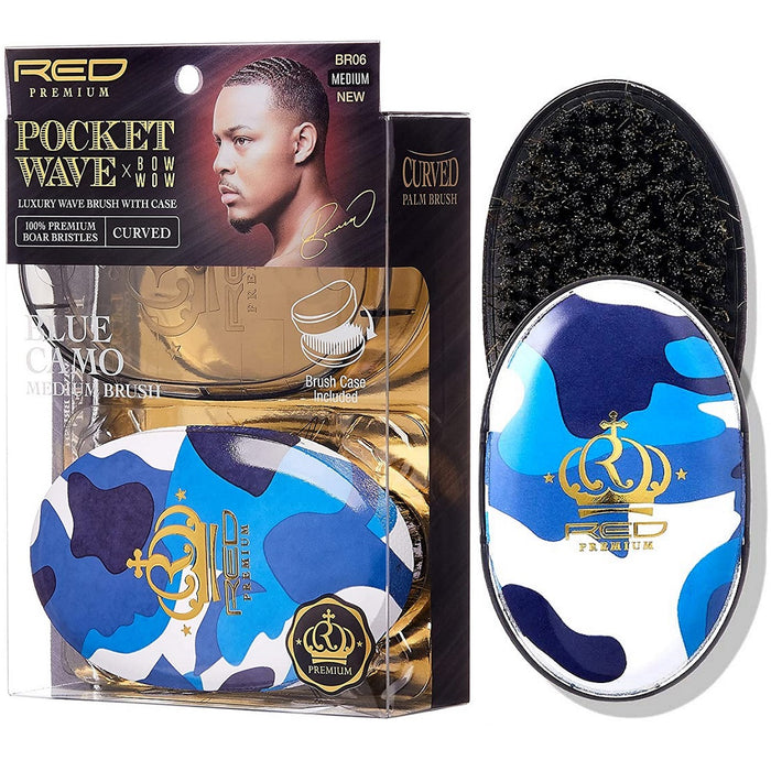 Red Premium Bow Wow X Pocket Wave Boar Brush with Case Medium Bristles [Blue Camo] #BR06