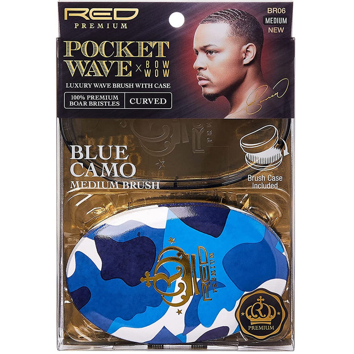 Red Premium Bow Wow X Pocket Wave Boar Brush with Case Medium Bristles [Blue Camo] #BR06