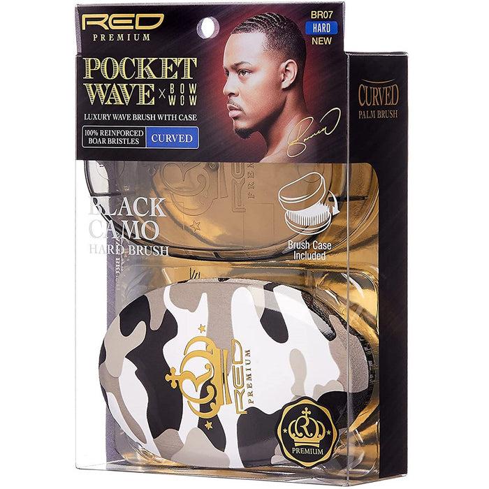 Red Premium Bow Wow X Pocket Wave Boar Brush with Case Hard Bristles [Black Camo] #BR07