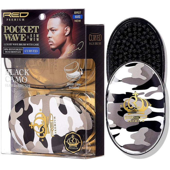 Red Premium Bow Wow X Pocket Wave Boar Brush with Case Hard Bristles [Black Camo] #BR07