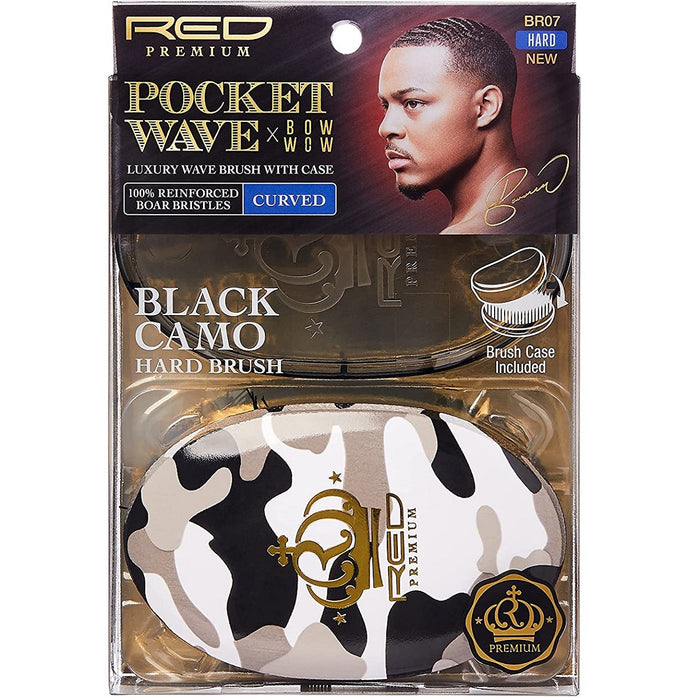 Red Premium Bow Wow X Pocket Wave Boar Brush with Case Hard Bristles [Black Camo] #BR07