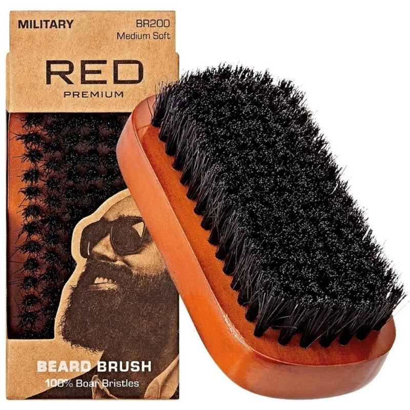 Red Premium 100% Boar Bristles Military Beard Brush #BR200