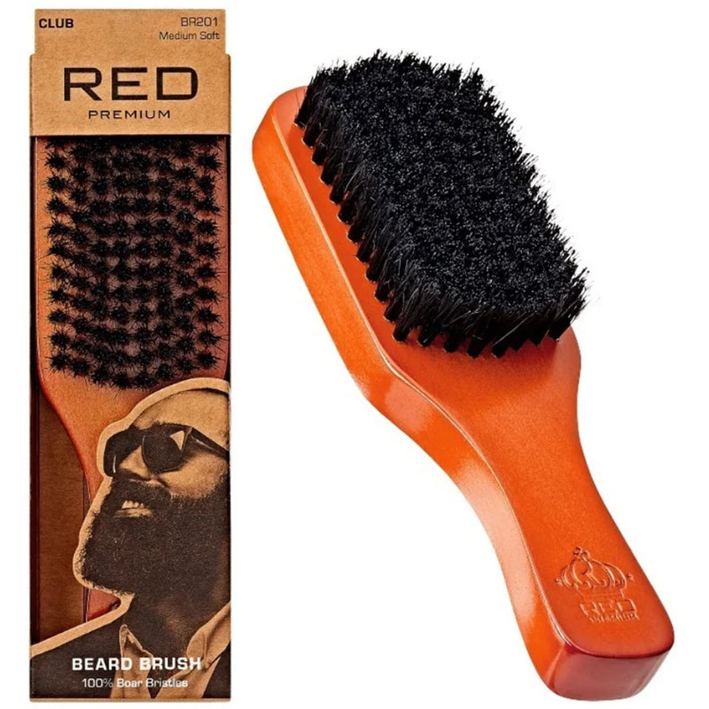 Red Premium 100% Boar Bristles Club Beard Brush #BR201