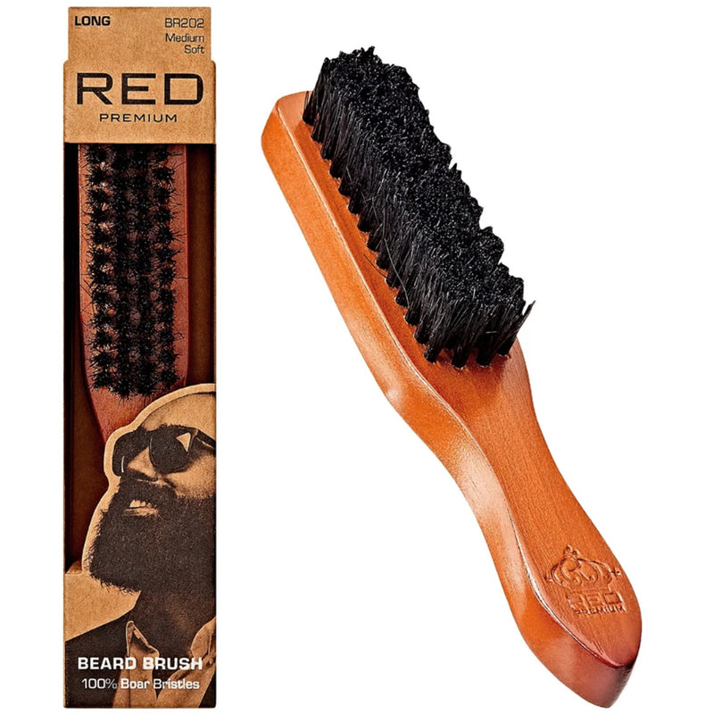 Red Premium 100% Boar Bristles Long Handle Beard Brush #BR202