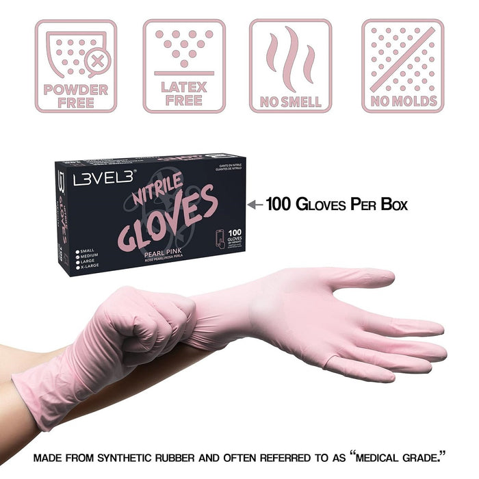 L3VEL3 Professional Nitrile 100 Gloves - Pearl Pink [S-XL]