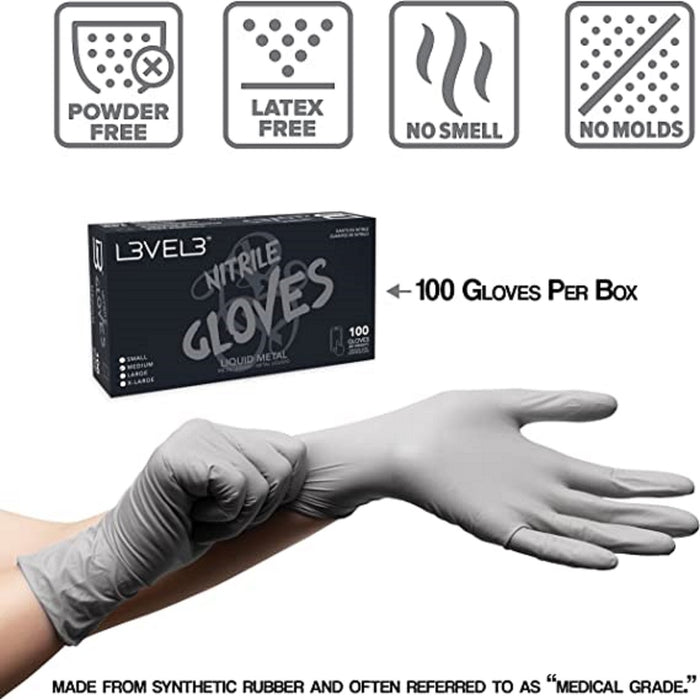 L3VEL3 Professional Nitrile 100 Gloves - Liquid Metal  [S-XL]