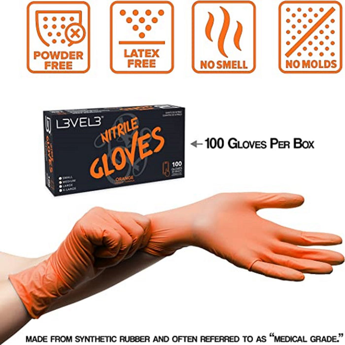 L3VEL3 Professional Nitrile 100 Gloves - Orange [S-XL]