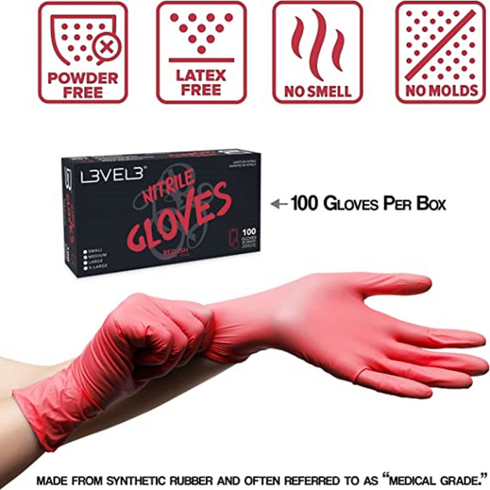 L3VEL3 Professional Nitrile 100 Gloves - Red-Ish [S-XL]