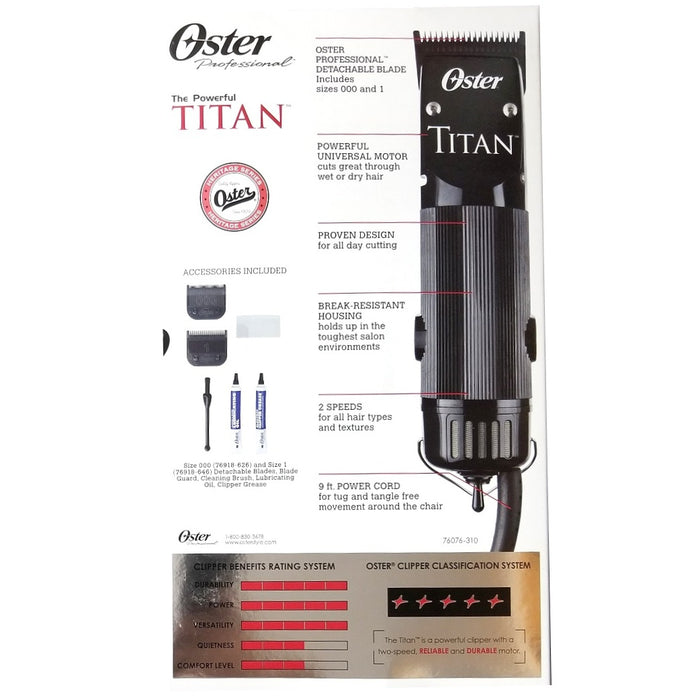 Oster Titan 2 Speed Universal Motor Clipper with Coated Detachable #000 & #1 Blades #76076-310