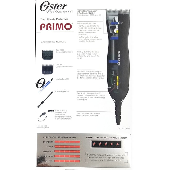 Oster Primo Heavy Duty Detachable Blade Clipper with Protective Coating Detachable #000 & #1 Blades #76175-310