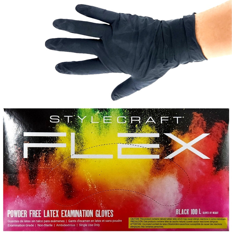 Stylecraft FLEX Powder Free Latex Examination 100 Pcs Gloves Black #SC337 [S to XL Available]