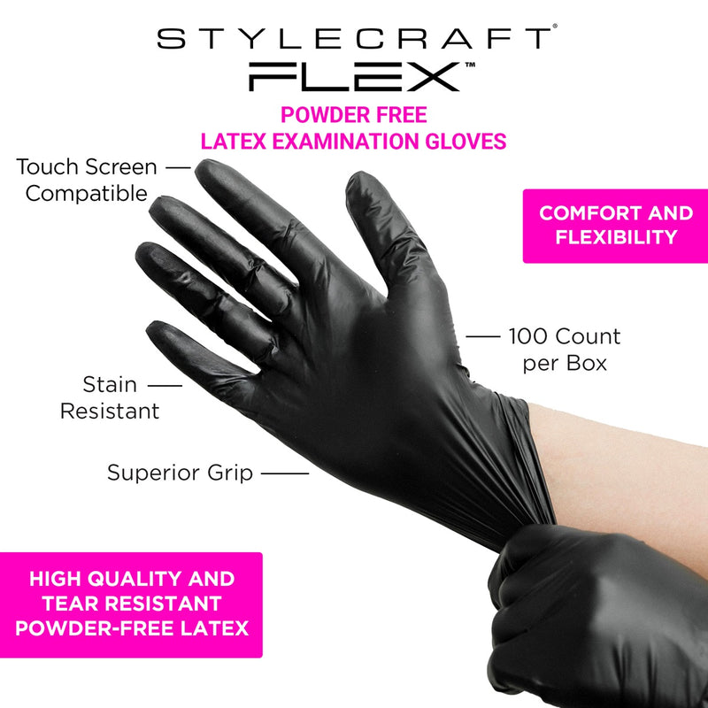 Stylecraft FLEX Powder Free Latex Examination 100 Pcs Gloves Black #SC337 [S to XL Available]